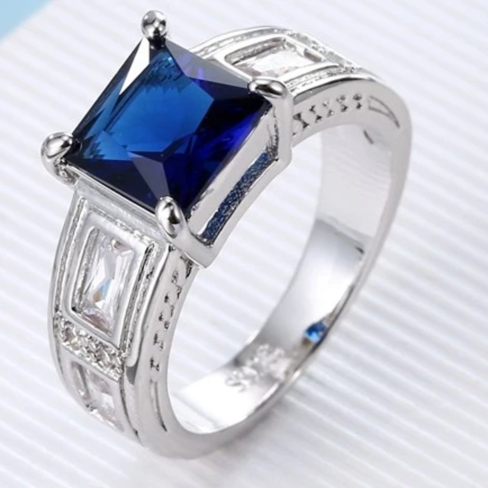 Ladies Large Blue Sapphire Princess Cut  Bridal Ring .925 Solid Sterling Silver - Picture 5 of 12